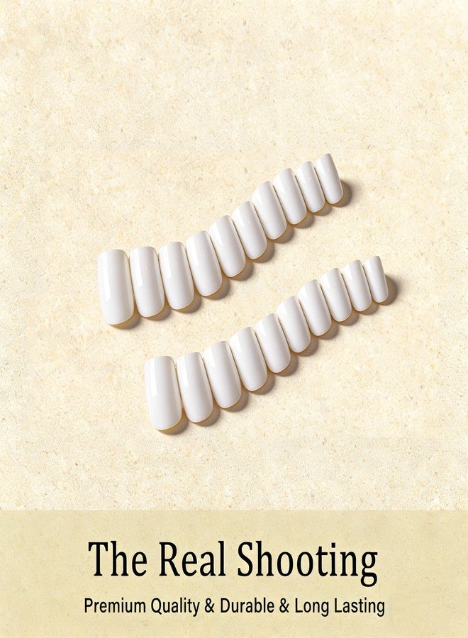 KXAMELIE White Press on Nails Medium Square, Soft Gel Fake Nails Short Coffin, Glossy Full Cover Acrylic Nails Press on with Nail Glue, Reusable Glue on Nail for Women, Easy to Apply, 28 Pcs - Image 3